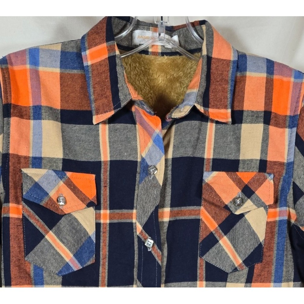 Sherpa Lined Plaid‎ Flannel Jacket Womens Orange Navy Blue Jiang Vi Xuan JUNIOR
